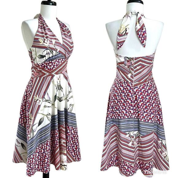Alexia Admor Floral Dress Womens 2 Colorful Bandana Print Open Back Flare Retro - Picture 1 of 15